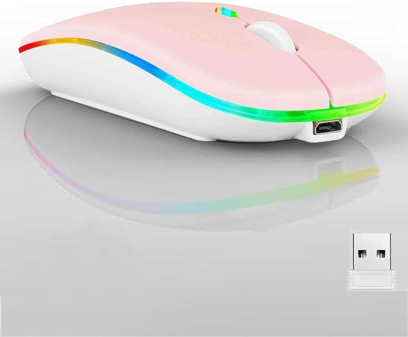 Guiheng Wireless Bluetooth Mouse,LED Dual Mode Rechargeable Silent Slim Laptop Mouse,Portable(BT5.2+USB Receiver) Dual Mode Computer Mice,for Laptop,Desktop Computer,ipad Tablet,Phone,TV (Pink) - Image 1